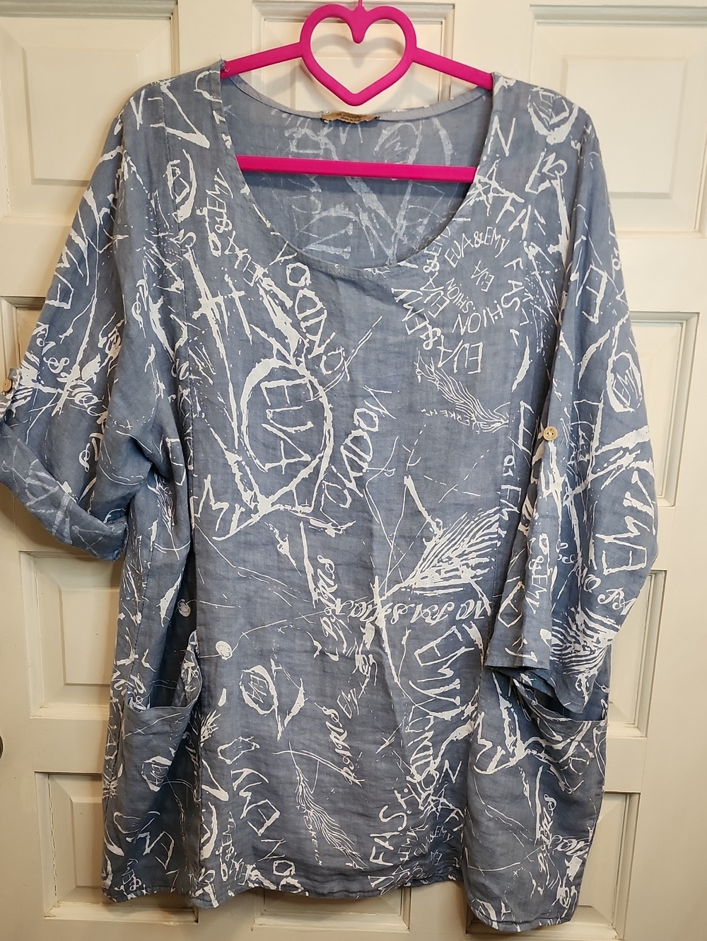 BEYOND CAPRI 100% Linen Relaxed Women’s Tunic Top Dusty Blue,White,Print,Pockets